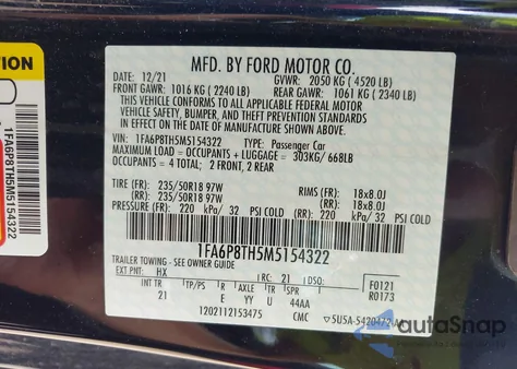 2021 Ford Mustang Ecoboost Fastback из США, поврежденный, VIN 1FA6P8TH5M5154322